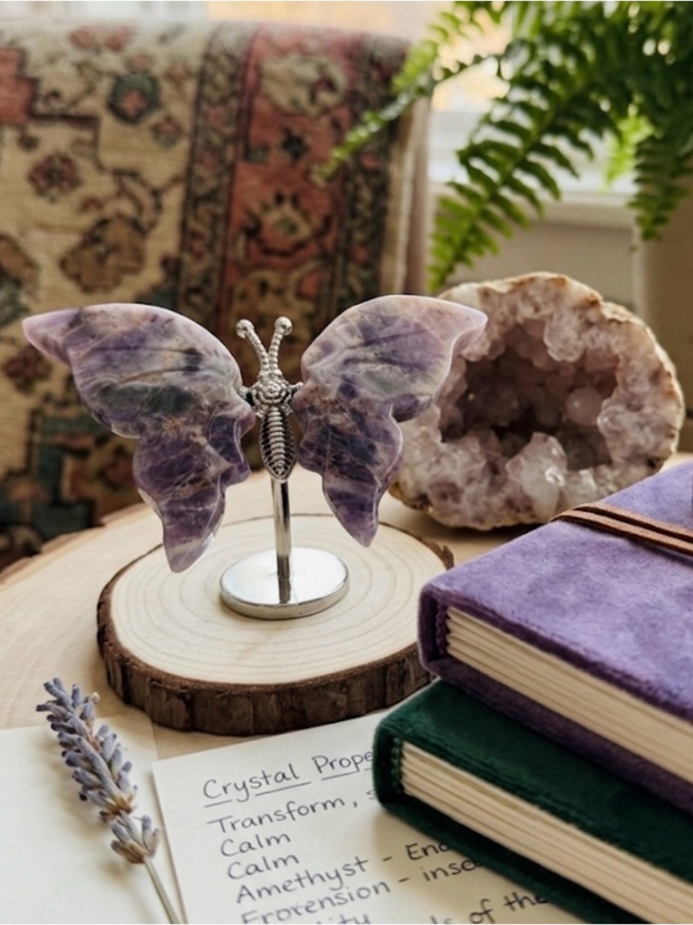 Carved Amethyst Butterfly Figurine on Metal Stand | Chevron Amethyst Specimen